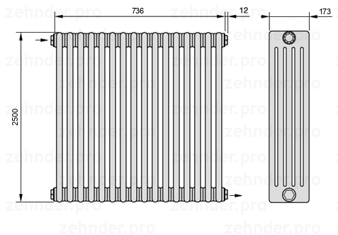Схема (чертеж) Радиатор Zehnder Charleston 5250/16 №1670 Белый глянцевый RAL 9016